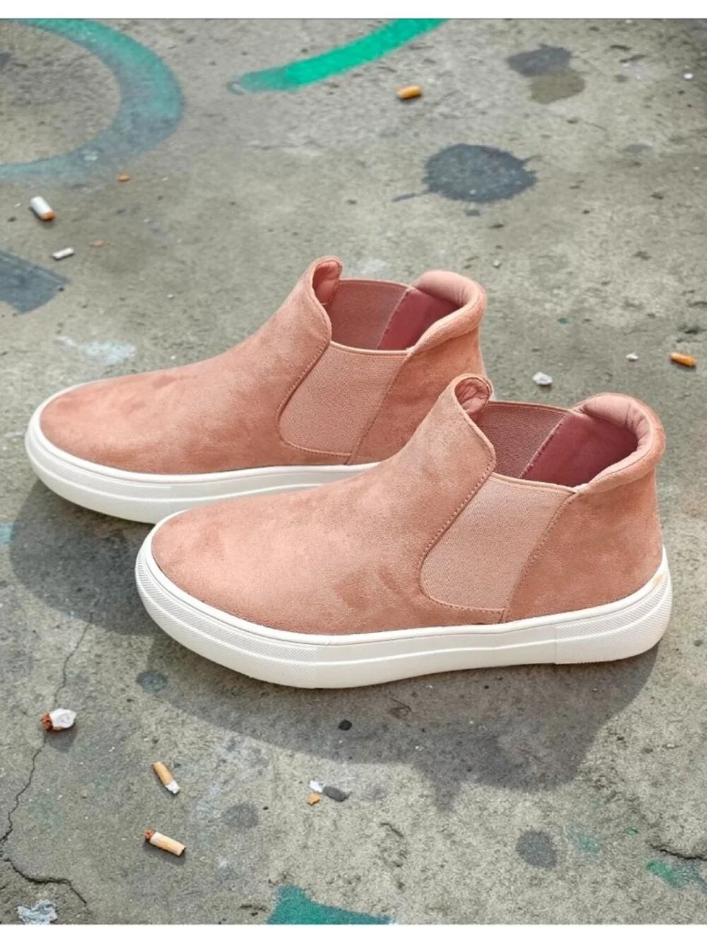 Blush Nubuck Slip-On Platform Sneakers With Elastic Side Panels & White Soles Fo